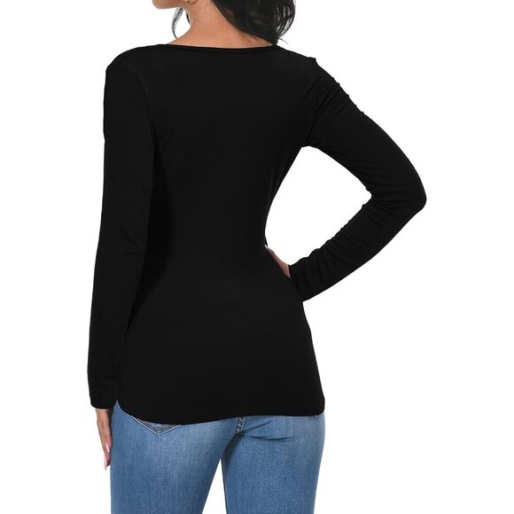 Women V-Neck Long Sleeve Slim Shirt Blouse Black Plus Size - Picture 7 of 7